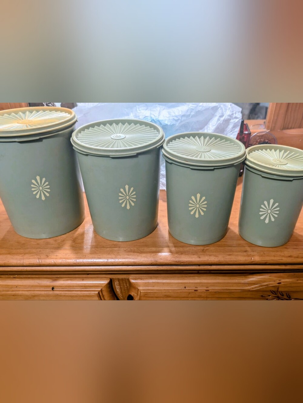 Vintage Olive Green With Starburst Design Tupperware Plastic Canistet Set Of 4.